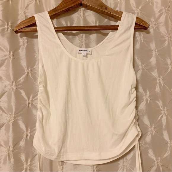 Superdown Revolve “Gwen” White Ribbed Crop Tank Top Side Ruching - Picture 5 of 13
